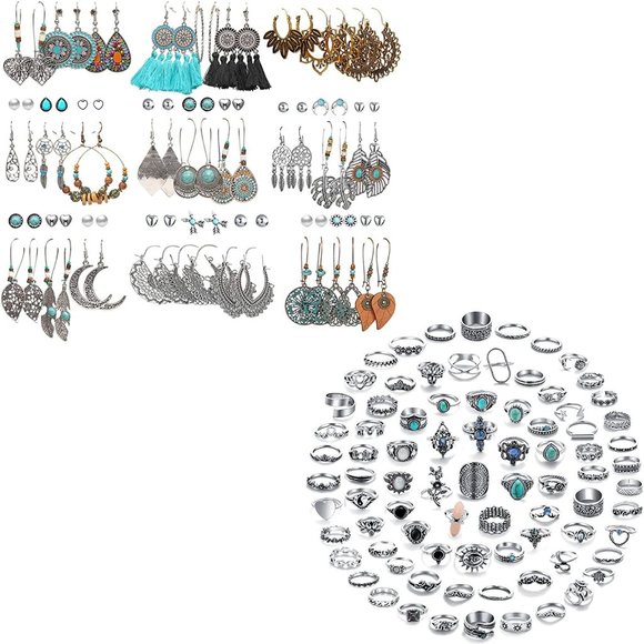 New 82 Pcs Silver Vintage Rings Set AND 45 Pairs Silver Bohemian Dangle … - Picture 1 of 9